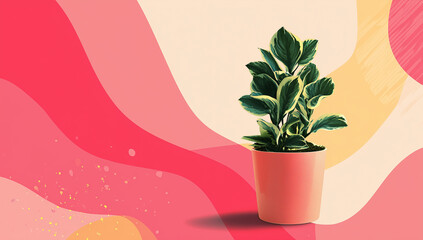 Houseplant in pink pot on artistic abstract background