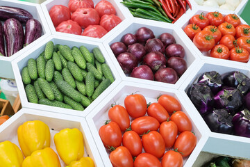 Fresh and appetizing tomatoes,cucumber, onion, eggplant,pepper presented at a vegetable fair.