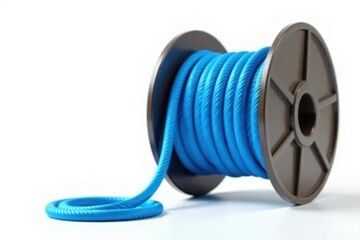A coiled blue rope on a reel, isolated against a white background , reel, supply