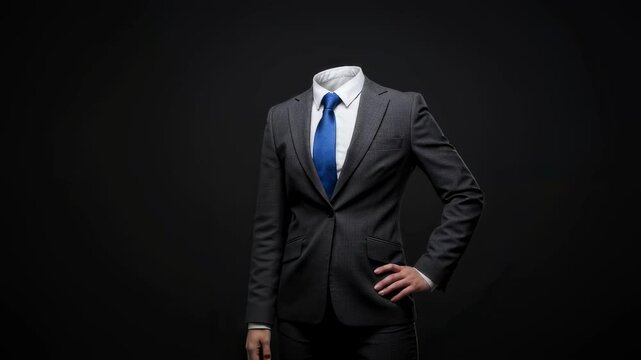 Mysterious headless businessman gestures with dynamic arm movements in minimalist setting