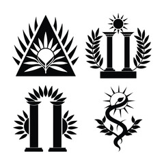 Vector set of ancient Greek symbols and column icons, featuring black silhouettes of sun, leaf, and tribal fire elements, perfect for tattoo design