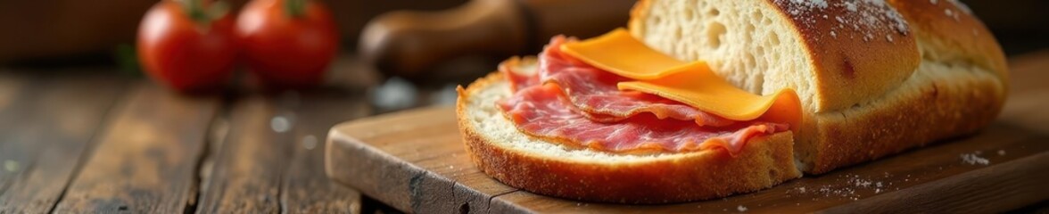 Freshly baked bread with sliced meat and cheese inside, sliced meat, food