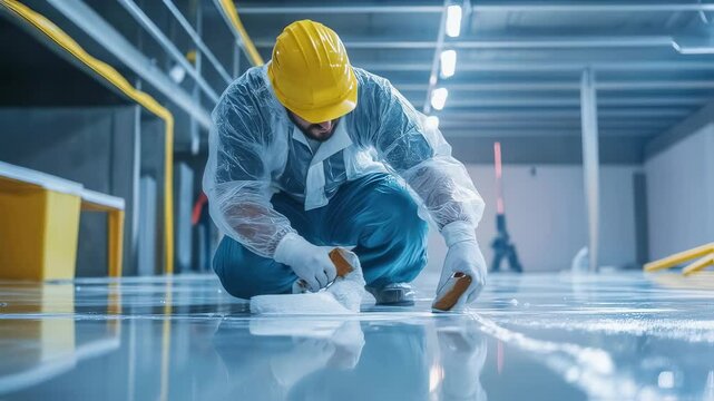 Male worker applying epoxy resin coating on concrete floor. Industrial flooring installation process. Construction and renovation footage.