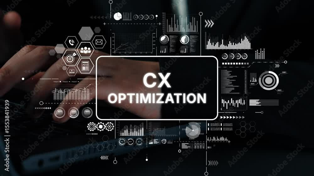 Poster professional businessman working on cx optimization strategy with data visualizations and graphs for