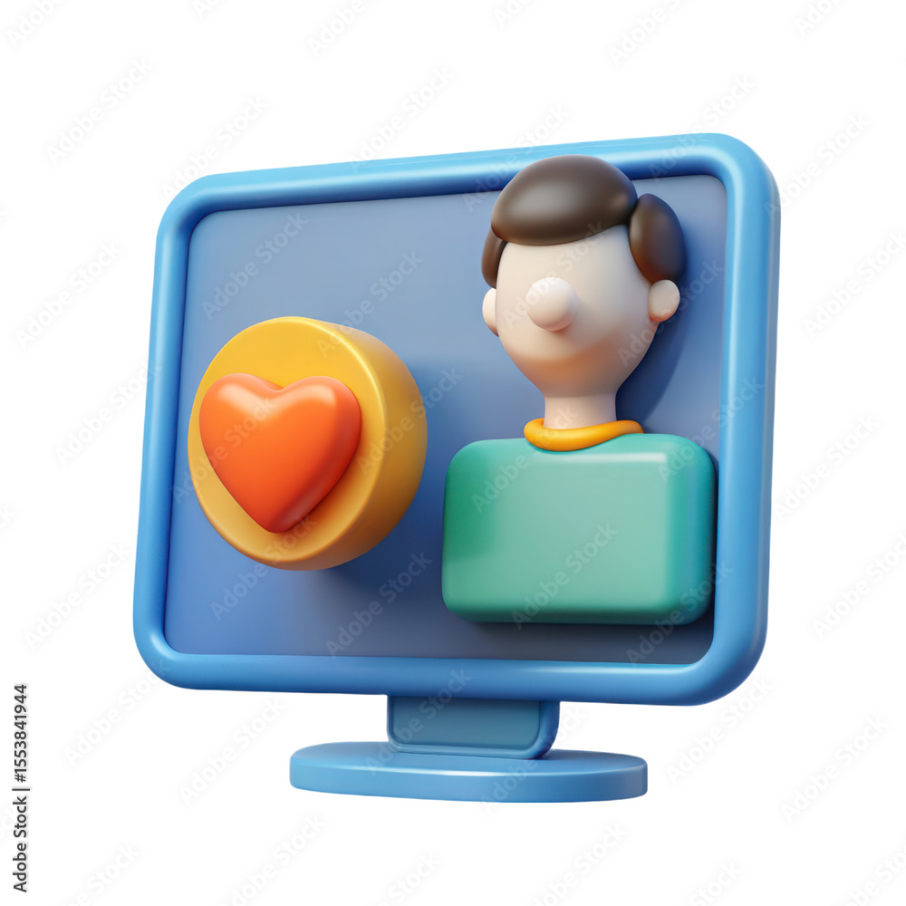 Poster 3d rendering icon of man with heart button on monitor isolated on background