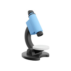 A blue microscope on a black base, used for scientific observation and analysis of small specimens.