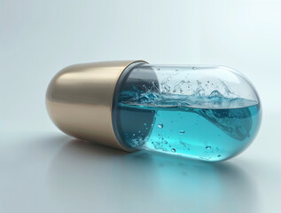 glass and metal capsule with blue liquid