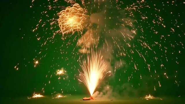 Celebrate with sparkling golden firework on a dark green stage for festive occasions and grand events