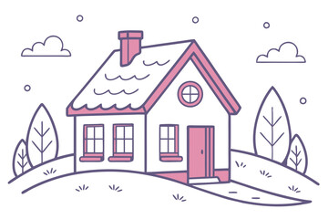 Snowy Pink House in Winter Scene Illustration