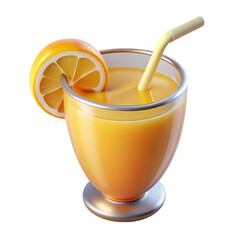 Freshly squeezed orange juice glass with straw and slice 3d rendering icon isolated on background