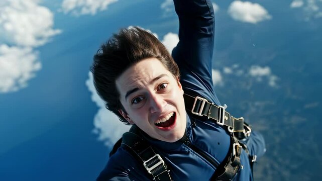 Excited skydiving adventure with freefall expressions above clouds