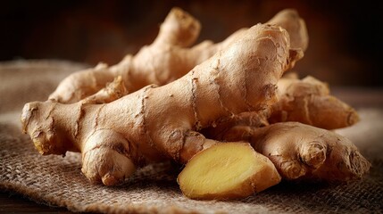Fototapeta premium Close-up view of fresh ginger root with aromatic texture as background
