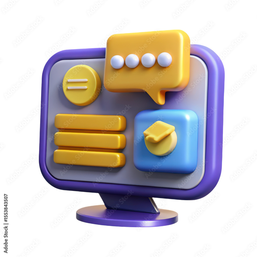Poster modern computer monitor with educational app icons and chat bubble in 3d rendering icon isolated on 