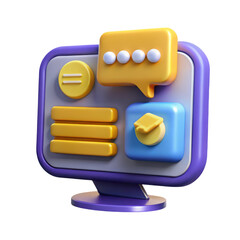 Modern computer monitor with educational app icons and chat bubble in 3d rendering icon isolated on white background