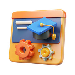 Online learning platform with graduation cap and gears 3d rendering icon isolated on white background