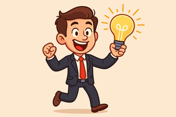 Enthusiastic businessman running with bright lightbulb, symbolizing innovation, creative idea, and successful business solution. Cartoon vector illustration.