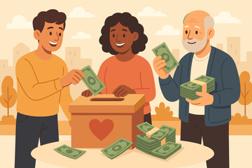 Generous people donating money for a charitable cause. Diverse volunteers putting cash in a fundraising box with a heart. Community support and social help concept illustration.