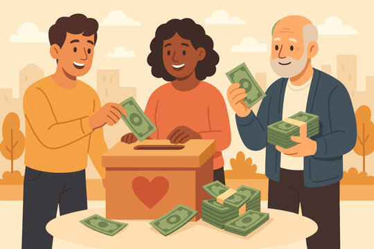 Generous people donating money for a charitable cause. Diverse volunteers putting cash in a fundraising box with a heart. Community support and social help concept illustration.