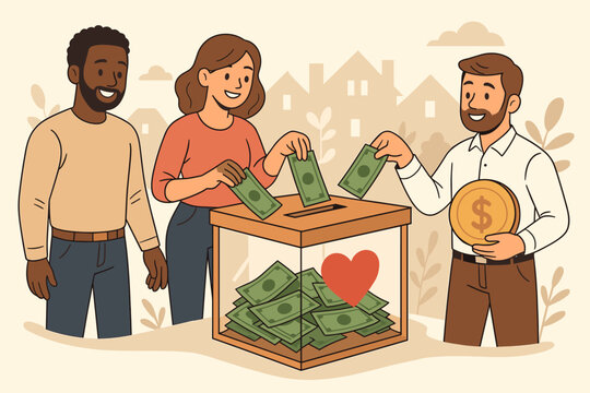 Generous donors contributing money to a charity box for community support. Concept of fundraising, social aid, and philanthropy. A diverse group of people giving back. Vector.