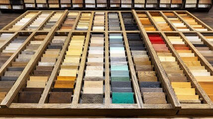 Display of wood flooring swatches arranged neatly in store setting