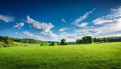Fototapeta premium a lush green meadow under a bright blue sky with scattered clouds creating a serene and peaceful natural landscape