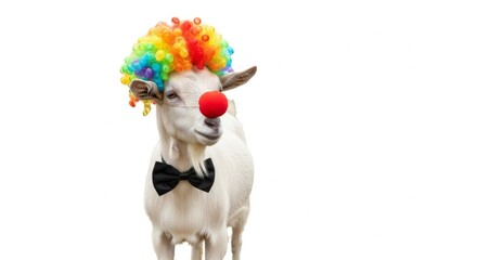 A goat dressed as a clown with a colorful wig, red nose, and bow tie. Humorous and surreal animal portrait on white background