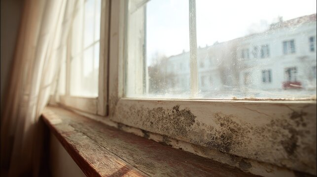 Mold growth visible on windowsill and wall in poorly ventilated room
