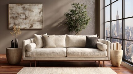 Neutral-toned sofa with clean lines featured in a modern living room setting