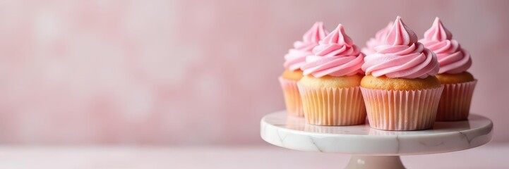 Delicate pastel pink cupcakes on a marble pedestal, elegant, baking
