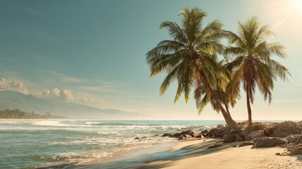 Obraz premium Palm trees along a sandy beach beside a calm ocean under the sun