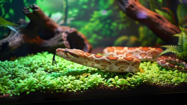 A brown and orange spotted python, its tongue sticking out, slithers across a bed of lush greenery in a glass terrarium. The background is blurred with wood elements and green leaves.