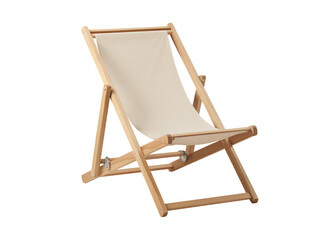 Wooden beach chair with white canvas seat isolated on transparent background for relaxation