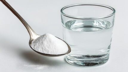 Spoonful of baking soda held above a glass of water on white backdrop