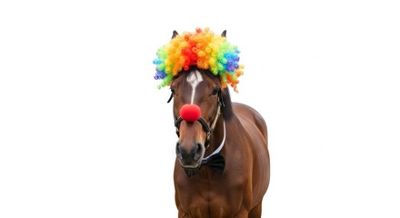 A horse dressed as a clown with a colorful wig, red nose, and bow tie. Humorous and surreal animal portrait on white background