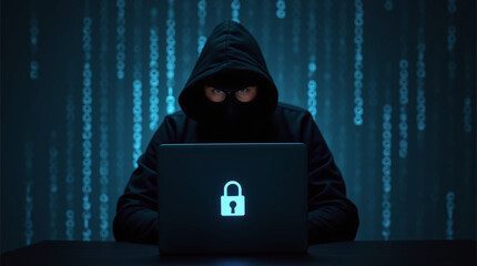 hacker silhouette behind digital firewall, lock symbol protecting system, dark background, binary code overlay