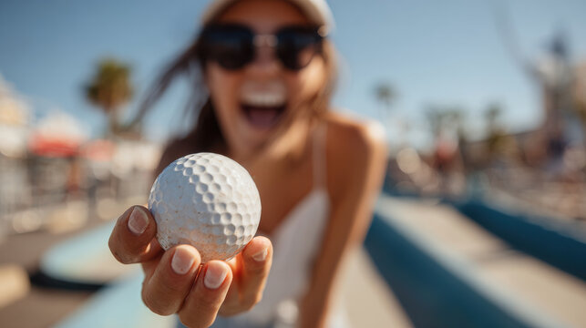 person playing minigolf holding ball with joyful expression captured in dynamic motion