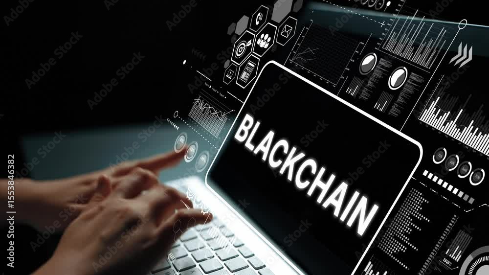 Poster innovative digital technology concept featuring blockchain text on laptop screen with data visualiza