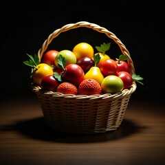 Artificial fruits lie in a wicker basket. Still life with dark lighting. Background