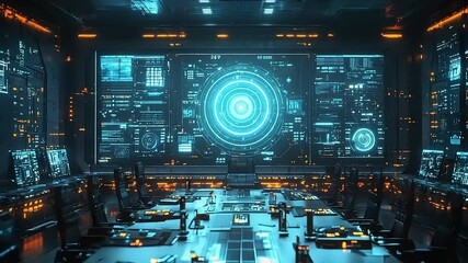 Futuristic control room with multiple screens