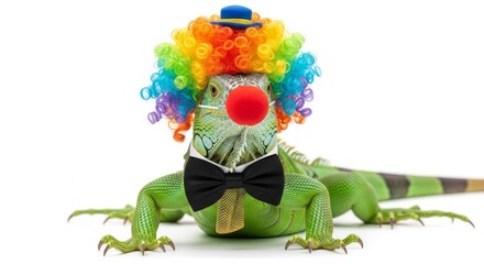 A iguana dressed as a clown with a colorful wig, red nose, and bow tie. Humorous and surreal animal portrait on white background