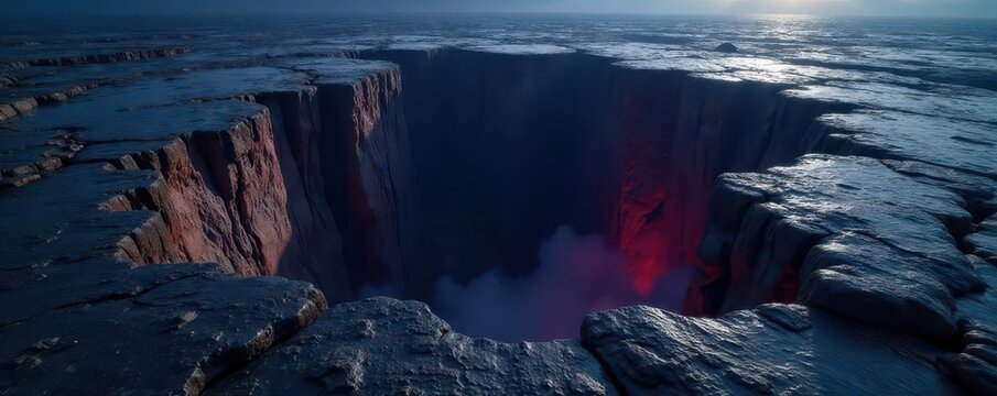 Dark, gaping chasm in earth's crust, shadows deep, soil, landscape