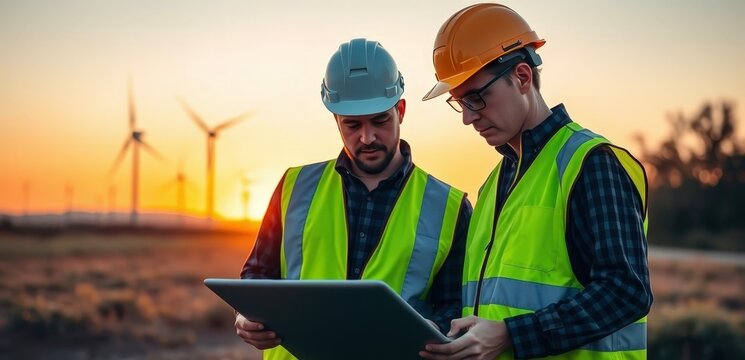 Two engineers in uniform with laptop and wind turbines on the background