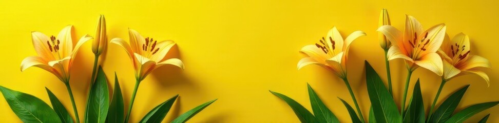 Single long-stemmed lilies placed against a vibrant yellow base amidst lush green leaves and delicate flower stems, garden decor, spring flowers, leafy greens