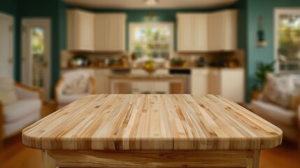 Wooden table top and blurred kitchen on the background