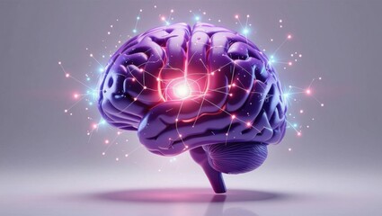 Vibrant purple brain with glowing neural network connections and energetic light pulses