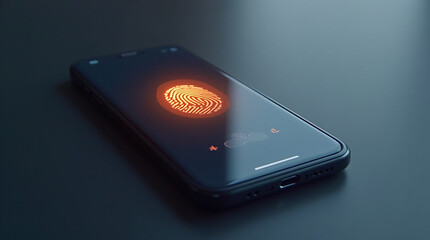 holographic fingerprint scanner in action, scanning light beam over fingertip, personal data security, glowing digital effect