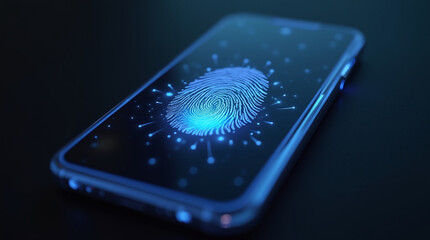 holographic fingerprint scanner in action, scanning light beam over fingertip, personal data security, glowing digital effect