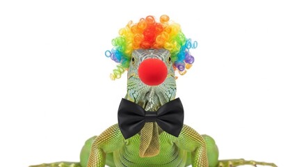 A iguana dressed as a clown with a colorful wig, red nose, and bow tie. Humorous and surreal animal portrait on white background