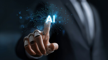 Interaction Between Human And Robotic Hand Touching AI Digital Interface With Glowing Circuit Patterns, Technological Collaboration In Business World