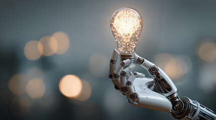 Robotic Hand Holding Glowing Light Bulb Symbolizing Artificial Intelligence, Innovation and Creative Technology Solutions